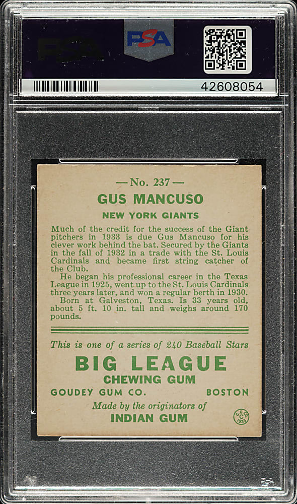 1933 R319 Goudey #237 Gus Mancuso PSA EX-MT 6