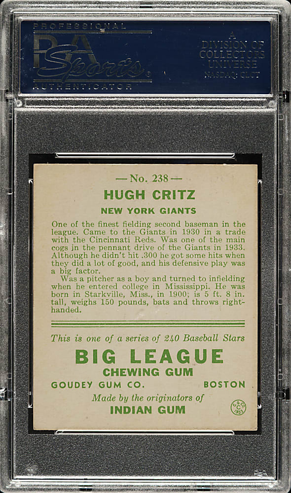 1933 R319 Goudey #238 Hugh Critz PSA EX-MT 6