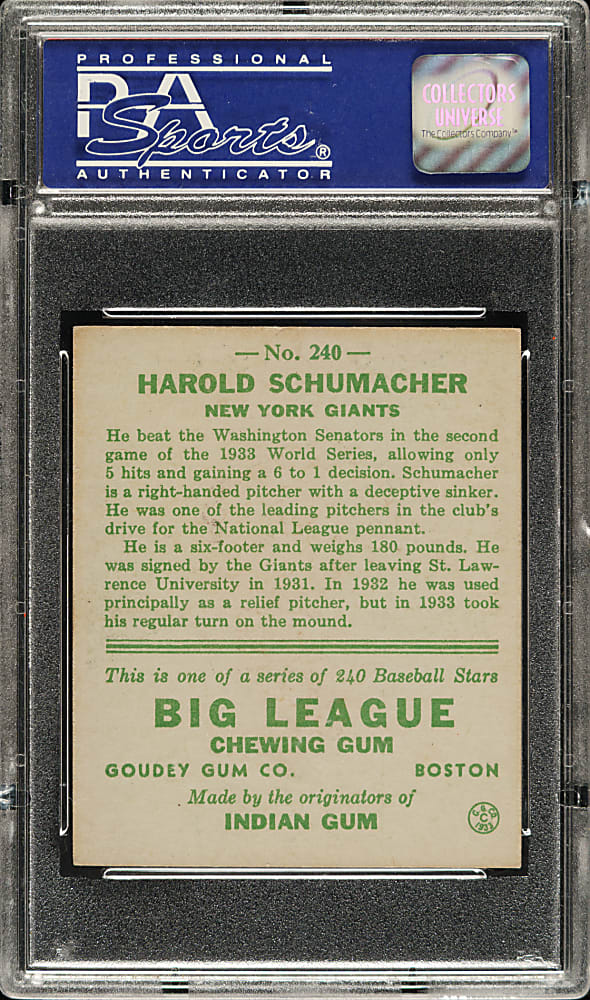 1933 R319 Goudey #240 Hal Schumacher PSA NM 7