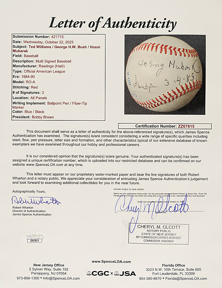 Ted Williams, George H. W. Bush, and Hosni Mubarak Multi-Signed Baseball - JSA