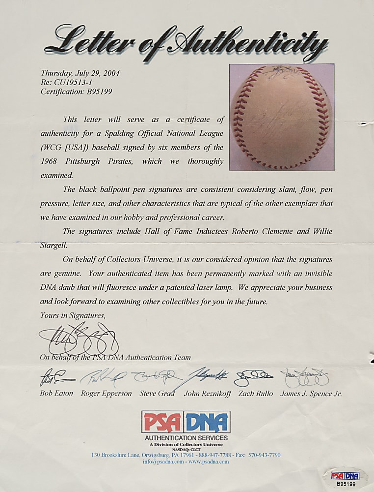 1968 Pittsburgh Pirates Team-Signed Baseball with Roberto Clemente and Willie Stargell - PSA/DNA