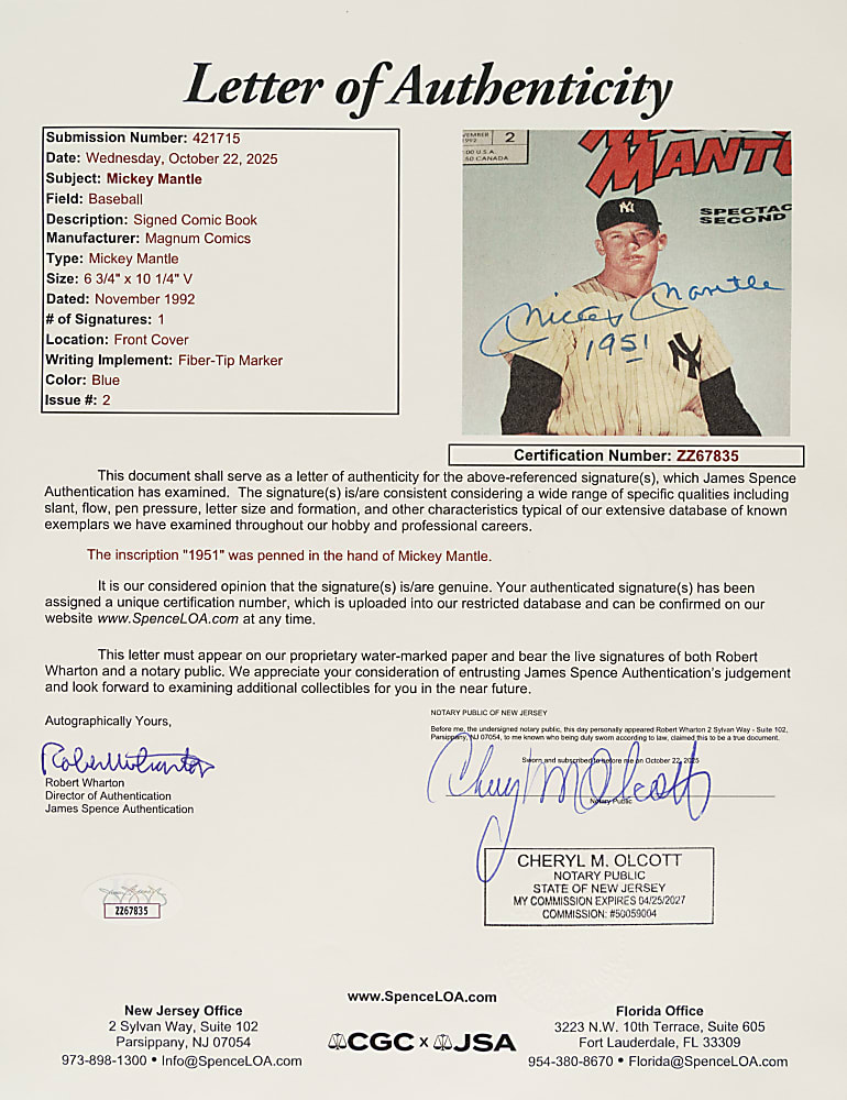 Mickey Mantle Signed "Mickey Mantle" #2 Comic Book with "1951" Inscription - JSA