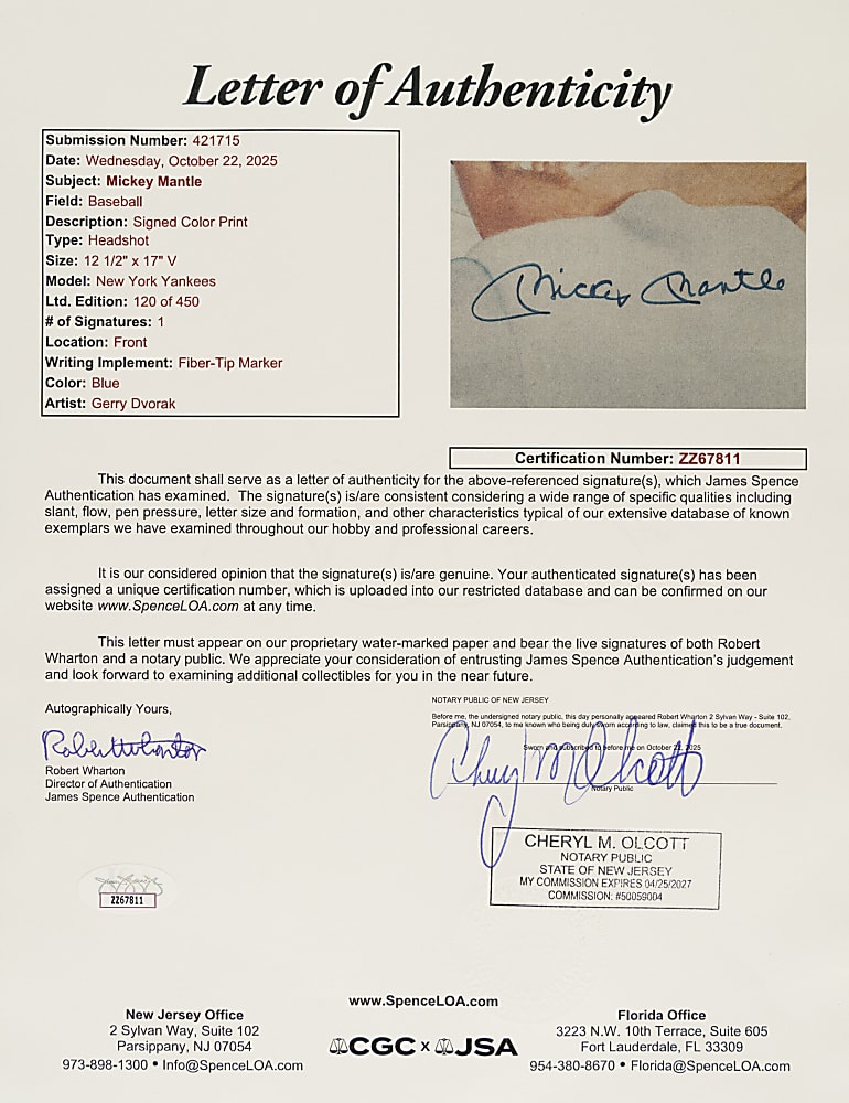 1953 Topps Mickey Mantle Signed Limited-Edition Lithograph By Gerry Dvorak - JSA