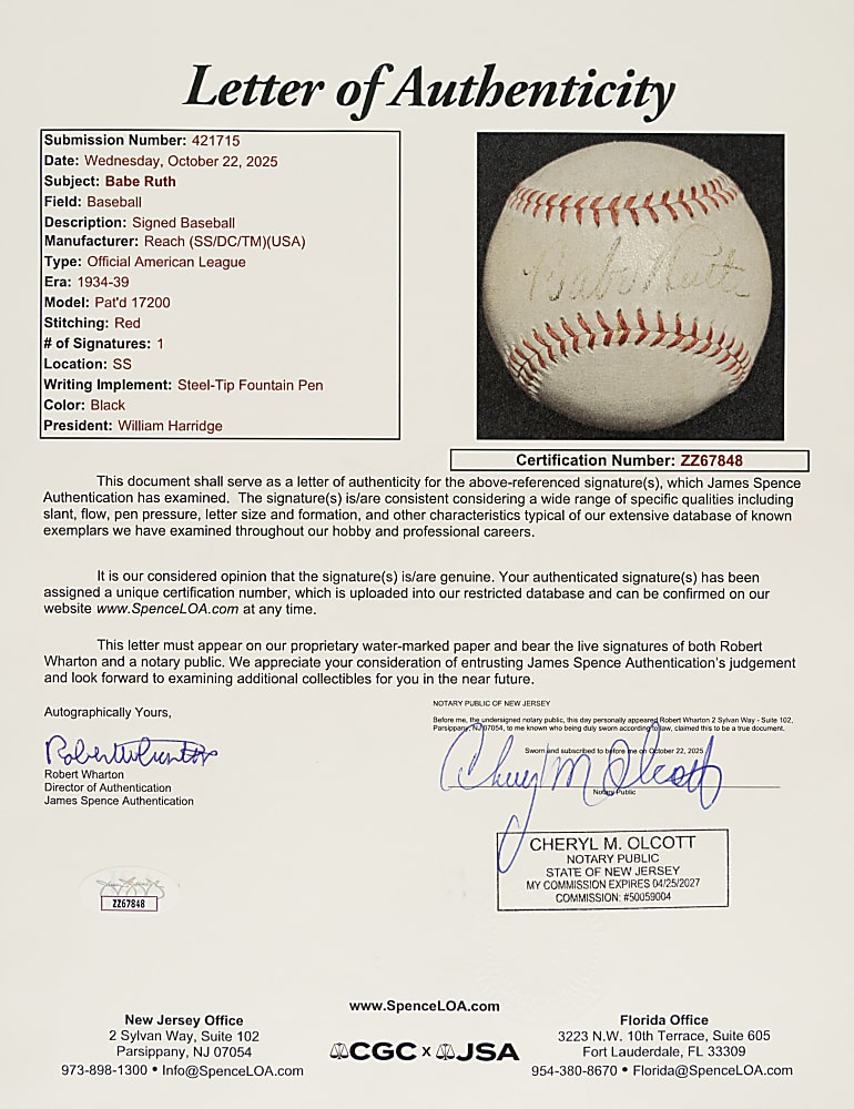 Babe Ruth Single-Signed Baseball - JSA