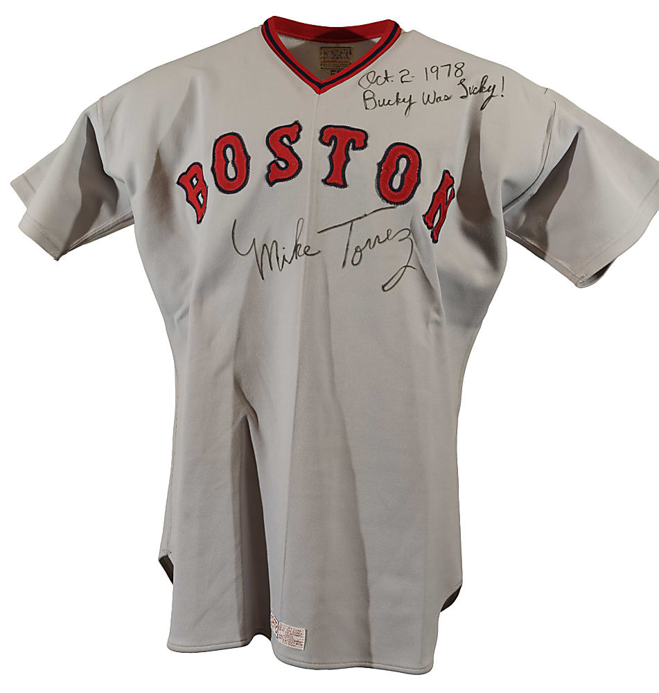 1978 Mike Torrez Boston Red Sox Signed Game-Used Road Jersey with "Bucky Was Lucky" Inscription