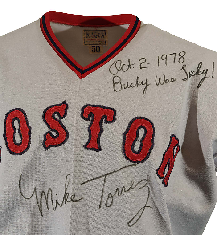 1978 Mike Torrez Boston Red Sox Signed Game-Used Road Jersey with "Bucky Was Lucky" Inscription