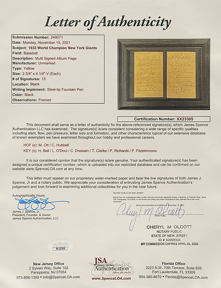 1933 New York Giants World Champions Team-Signed Album Pages with Mel Ott and Carl Hubbell - JSA
