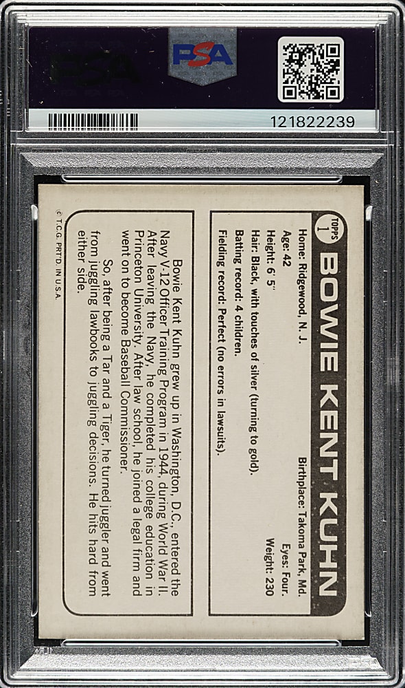 Signed 1969 Topps Bowie Kuhn #1 Bowie Kuhn PSA/DNA GEM MINT 10