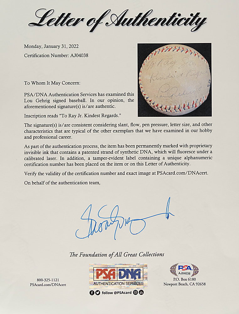 Lou Gehrig Single-Signed Baseball - PSA/DNA