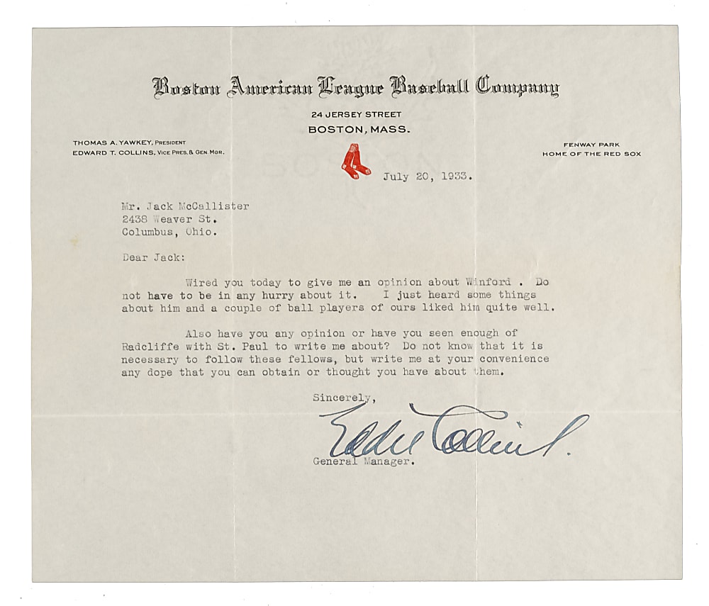 1933 Eddie Collins Signed Typewritten Letter with Baseball Content - JSA