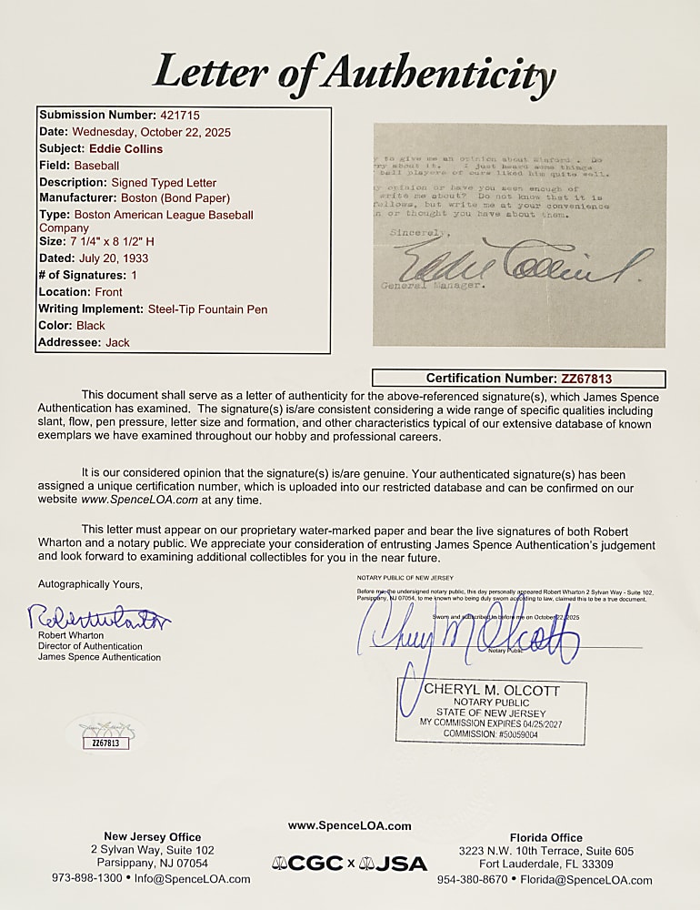 1933 Eddie Collins Signed Typewritten Letter with Baseball Content - JSA