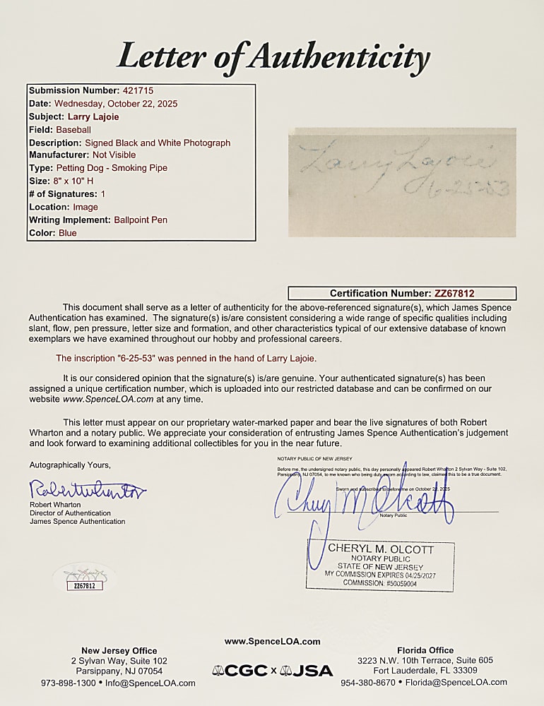 1953 Napoleon “Larry” Lajoie Signed Photograph - JSA