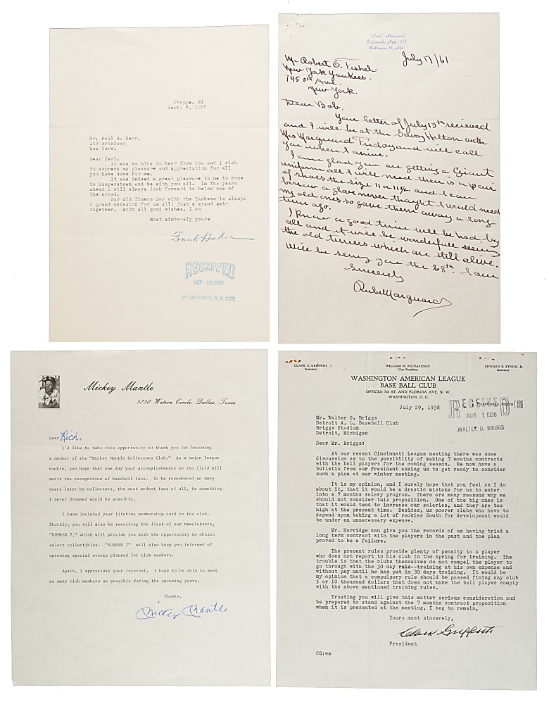 Hall of Fame Signed Letter Collection (11) Including Baker, Mantle, and Marquard
