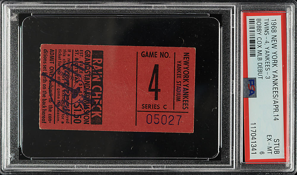 April 14, 1968 New York Yankees (vs. Minnesota Twins) Ticket Stub PSA EX-MT 6 - Bobby Cox MLB Debut - 1 of 1 - Highest Graded!