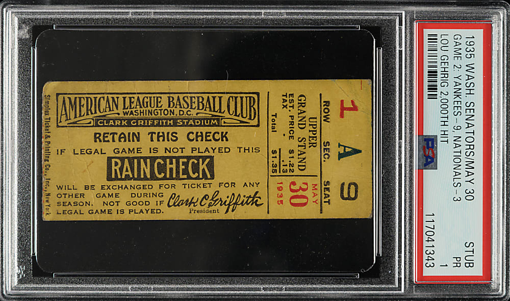May 30, 1935 Washington Senators (vs. New York Yankees) Ticket Stub PSA POOR 1 - Lou Gehrig 2,000th Hit!