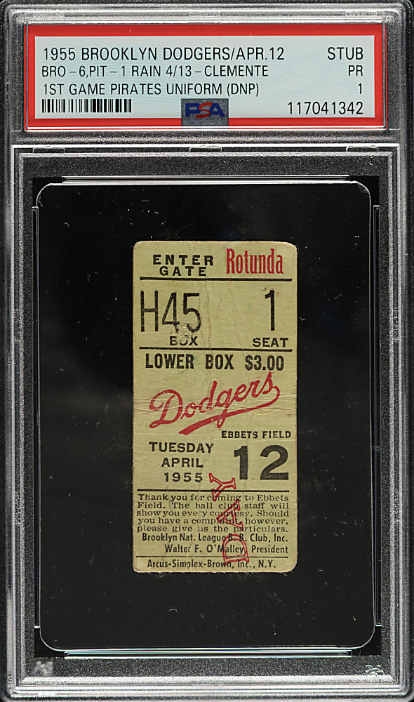 April 12, 1955 Brooklyn Dodgers (vs. Pittsburgh Pirates) Ticket Stub PSA POOR 1 - Roberto Clemente First Game in Pirates Uniform