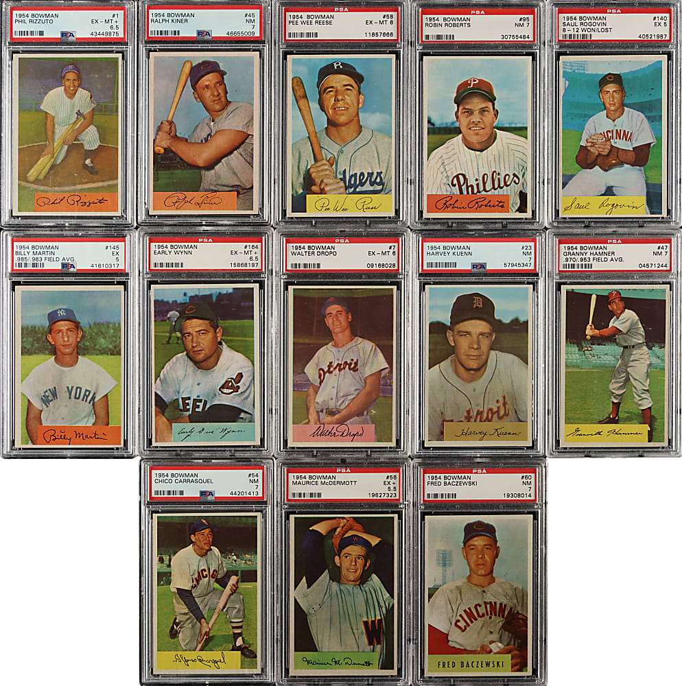 1954 Bowman Complete Set (224) with 49 PSA- and SGC-Graded Cards Including #65 Mickey Mantle PSA EX 5