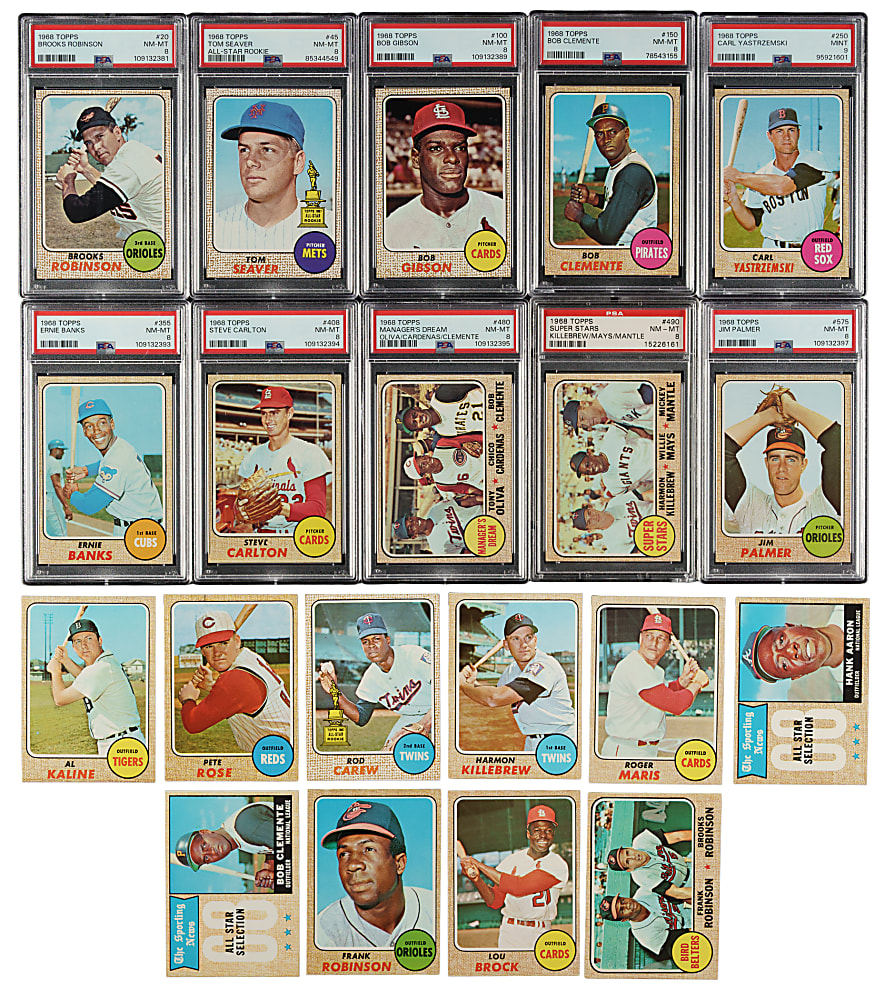 High-Grade 1968 Topps Near-Complete Set (596/598) with 51 PSA-Graded Cards Including Mantle, Aaron, and Clemente PSA NM-MT 8