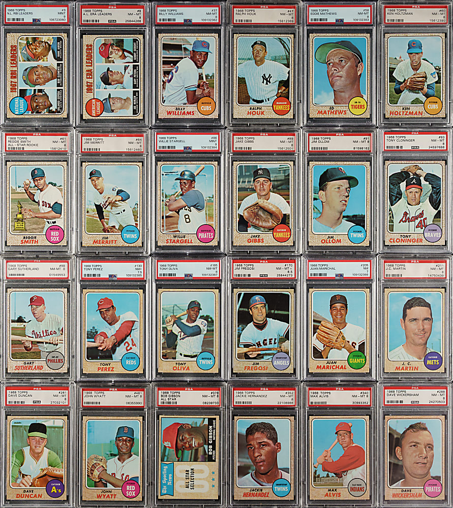 High-Grade 1968 Topps Near-Complete Set (596/598) with 51 PSA-Graded Cards Including Mantle, Aaron, and Clemente PSA NM-MT 8