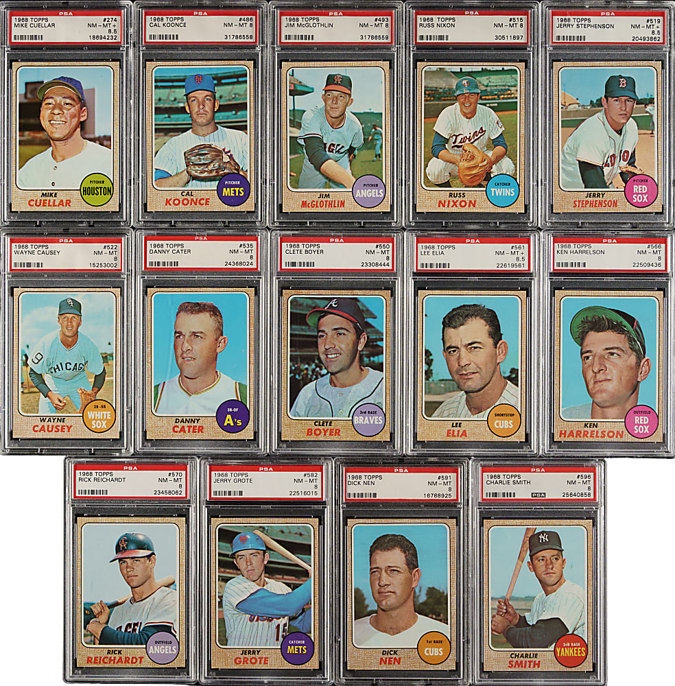 High-Grade 1968 Topps Near-Complete Set (596/598) with 51 PSA-Graded Cards Including Mantle, Aaron, and Clemente PSA NM-MT 8