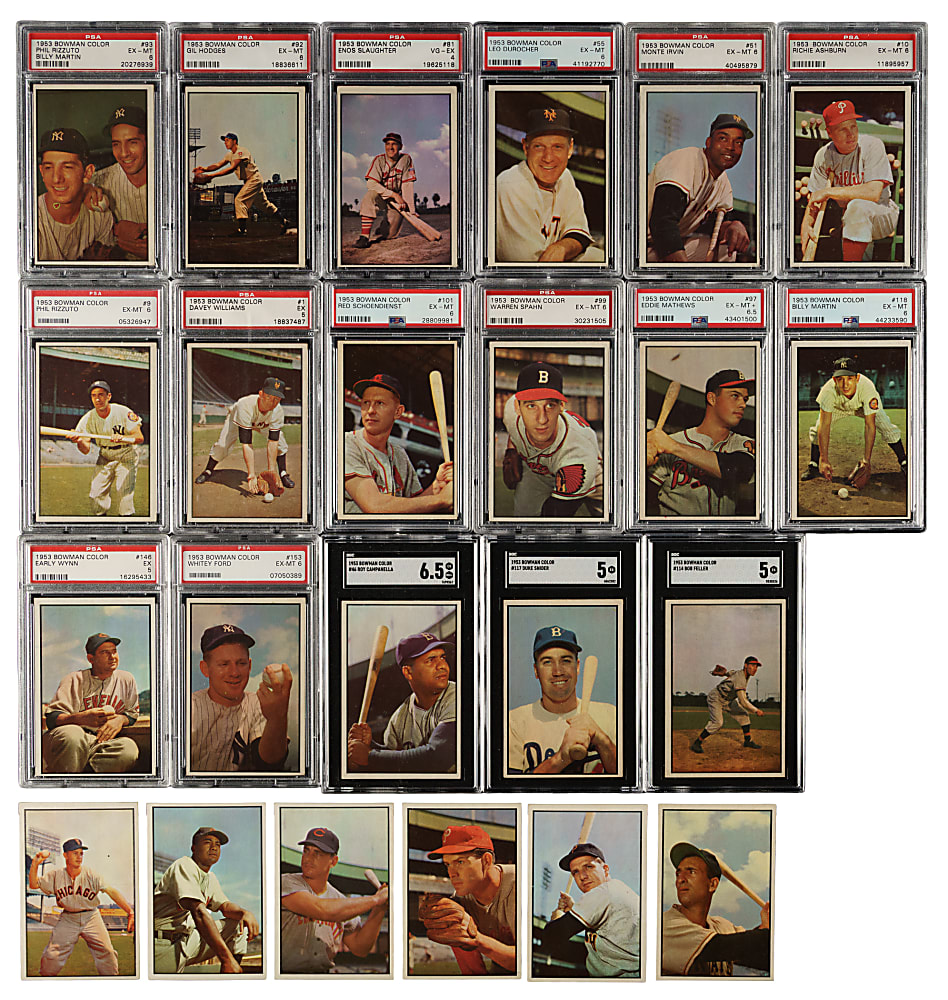1953 Bowman Color Near-Complete Set (158/160) with 84 Graded Cards Including #59 Mickey Mantle BVG EX 5