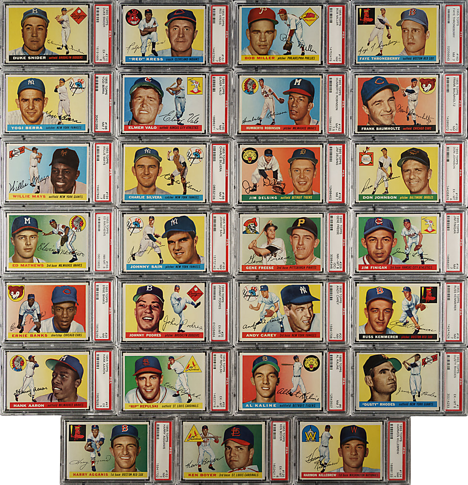 1955 Topps Complete Set (206) with 36 Graded Cards Including #123 Sandy Koufax Rookie PSA NM 7 and #164 Roberto Clemente Rookie PSA EX 5