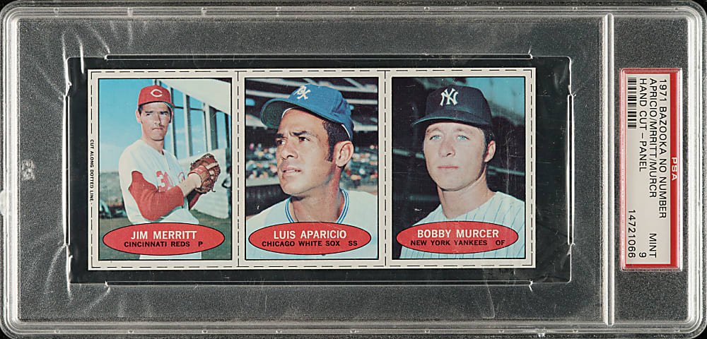 1971 Bazooka Unnumbered Panel Luis Aparicio/Jim Merritt/Bobby Murcer PSA MINT 9