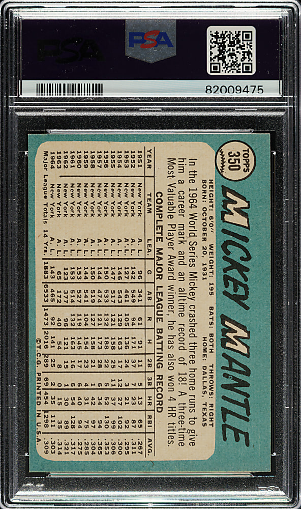 1965 Topps #350 Mickey Mantle PSA NM-MT 8