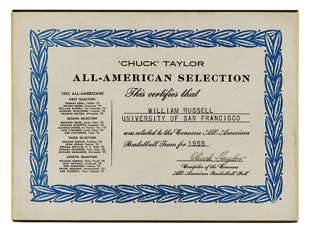 1954-1955 Bill Russell University of San Francisco NCAA All-American Award - Direct Player Provenance