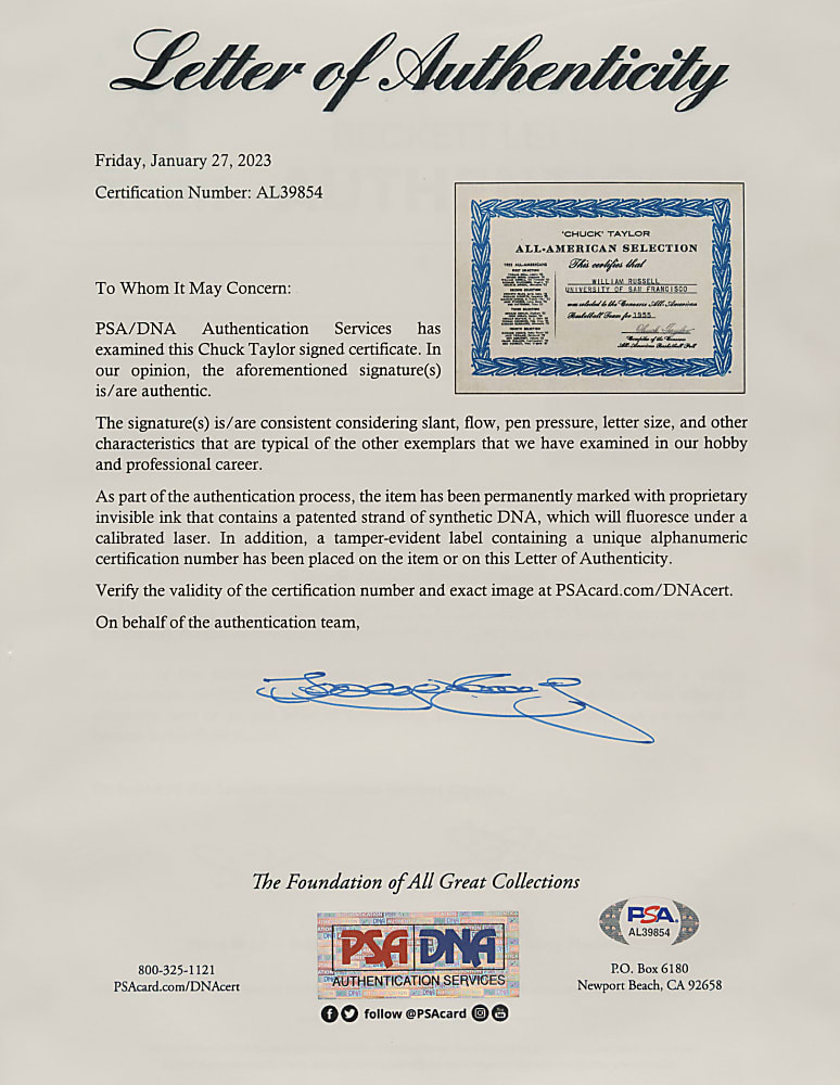 1954-1955 Bill Russell University of San Francisco NCAA All-American Award - Direct Player Provenance