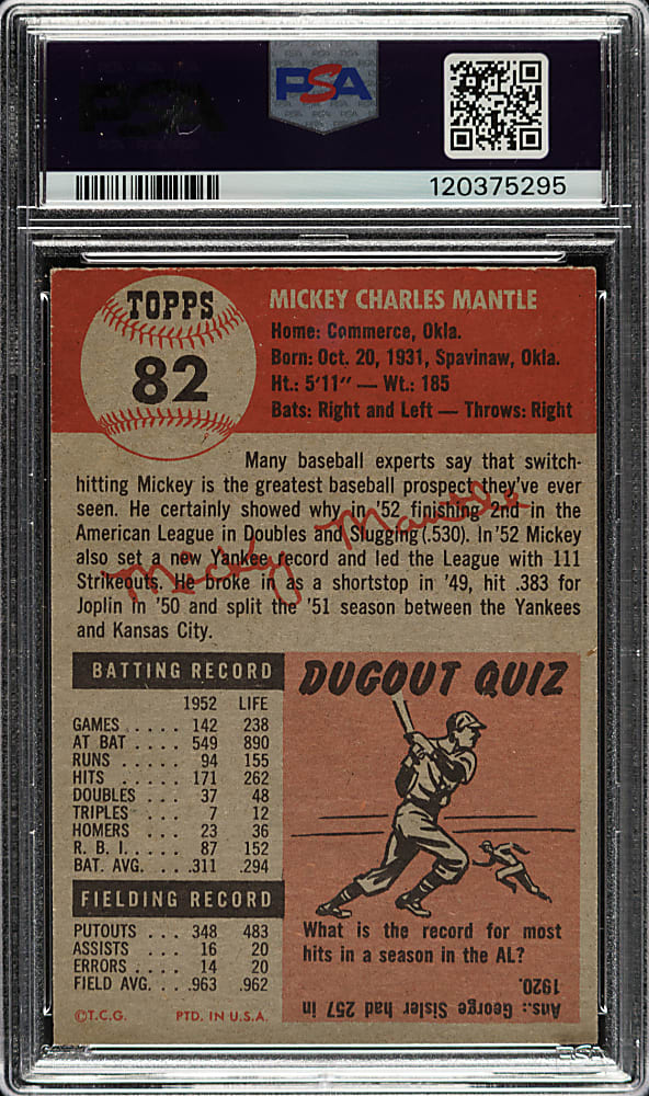 1953 Topps #82 Mickey Mantle PSA EX 5