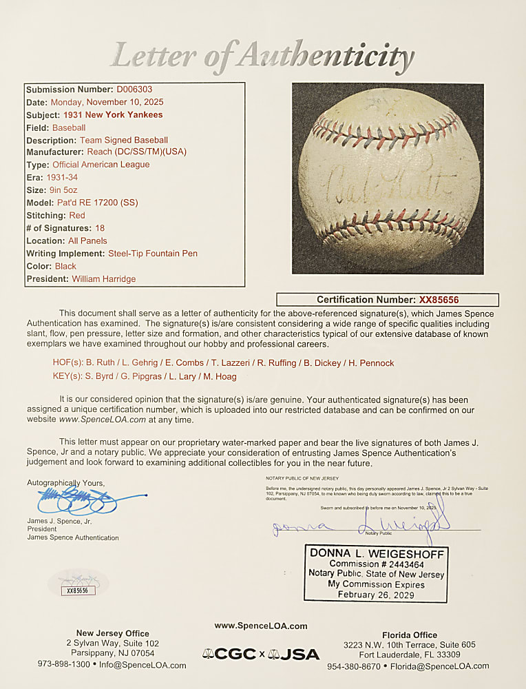 1931 New York Yankees Team-Signed Baseball with Babe Ruth and Lou Gehrig - JSA