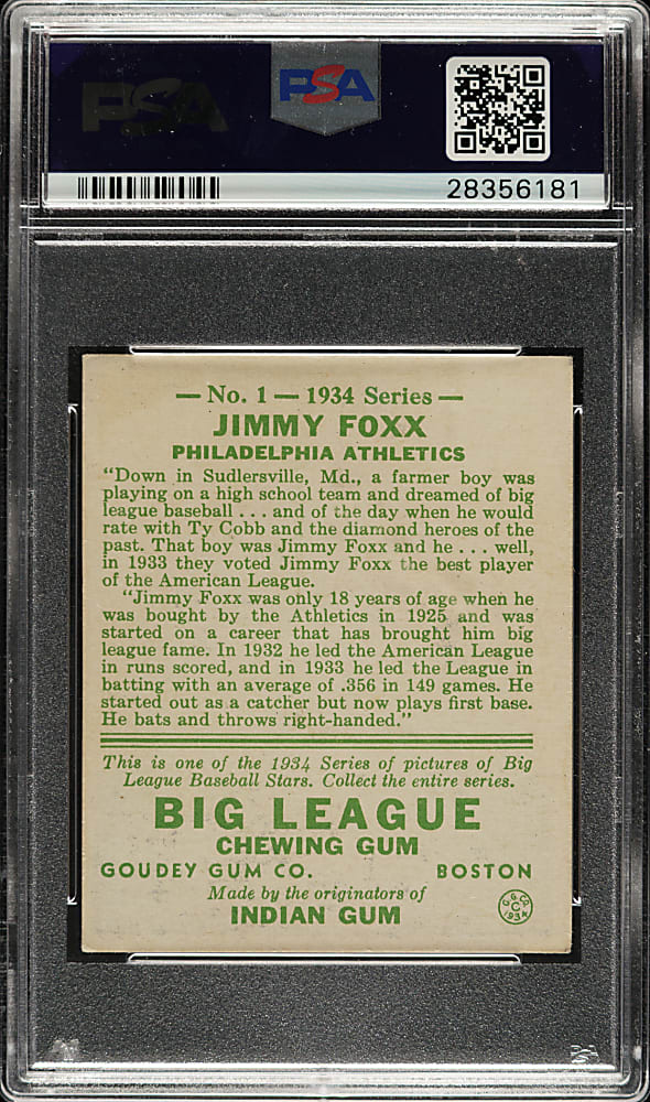1934 R320 Goudey #1 Jimmie Foxx PSA VG-EX 4