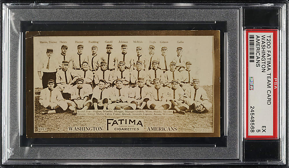 1913 T200 Fatima Team Card Washington Americans with Walter Johnson, Clark Griffith, and Chick Gandil PSA EX 5