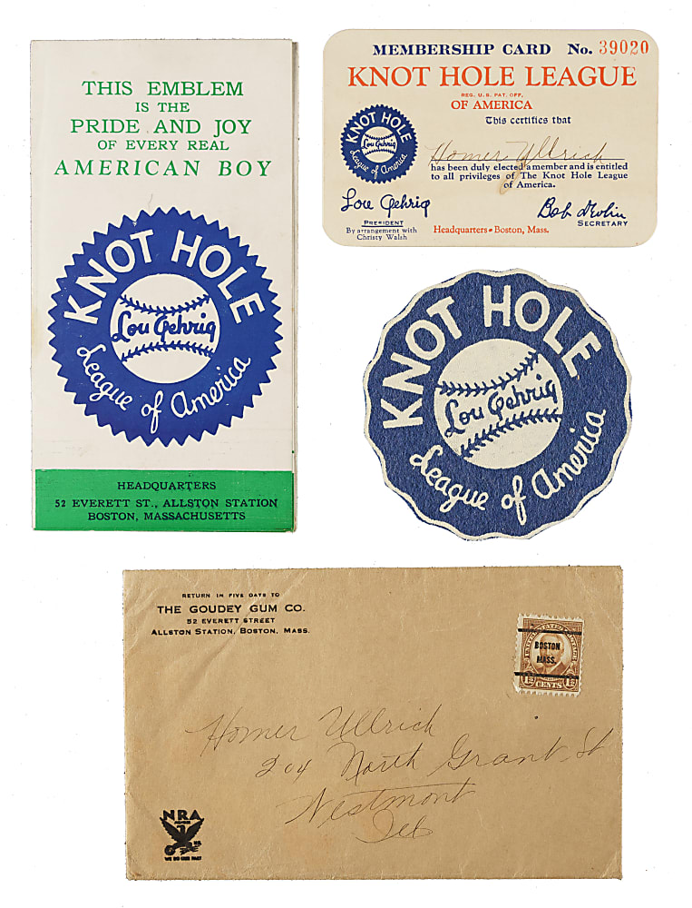 1934 Goudey Lou Gehrig "Knot Hole League" Membership Card, Booklet, and Patch Plus Original Envelope