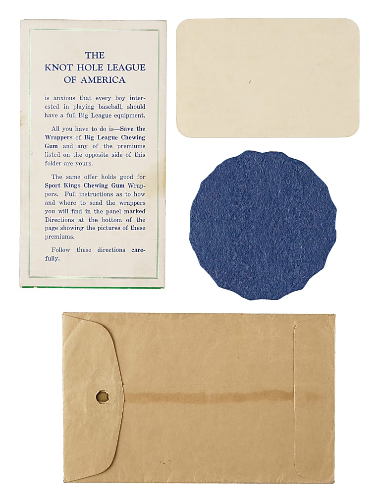 1934 Goudey Lou Gehrig "Knot Hole League" Membership Card, Booklet, and Patch Plus Original Envelope