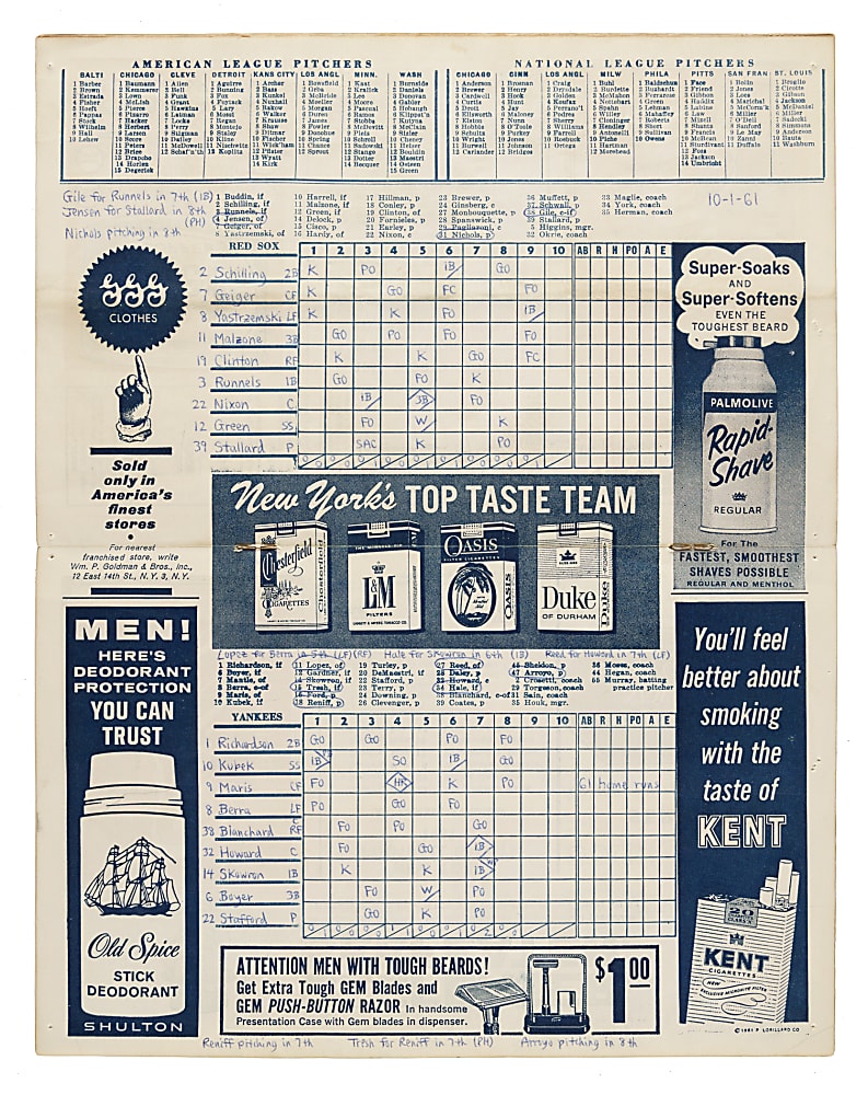 October 1, 1961 New York Yankees (vs. Boston Red Sox) Program - Roger Maris Home Run #61