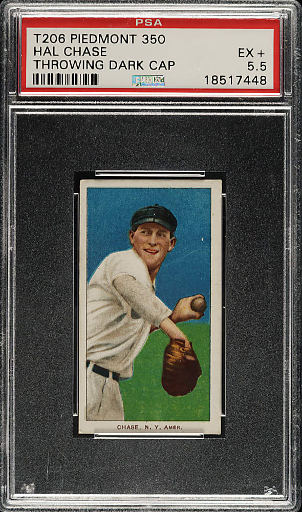 1909-1911 T206 White Border Hal Chase Throwing Dark Cap PSA EX+ 5.5