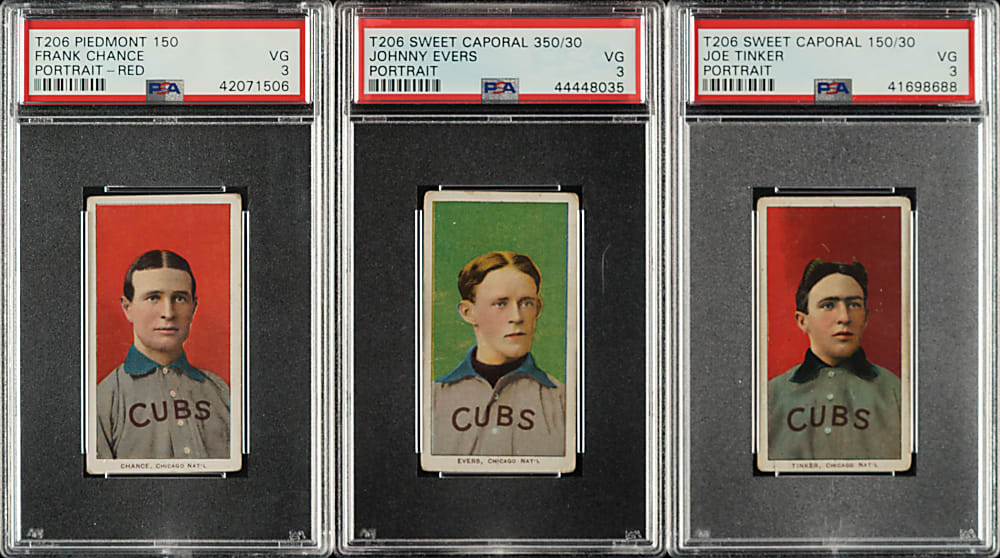 1909-1911 T206 White Border Joe Tinker, Johnny Evers, and Frank Chance Portrait PSA VG 3 Trio