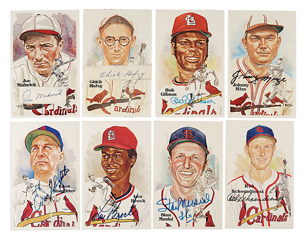 Signed Perez-Steele Hall of Fame Postcard Collection (12) Including Cut Signatures of Dean, Frisch, and Sisler