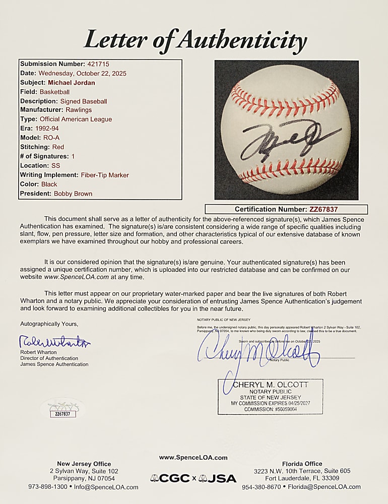 Michael Jordan Single-Signed Baseball - JSA