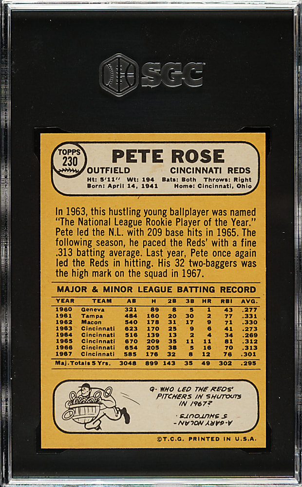 1968 Topps #230 Pete Rose SGC GEM MINT 10 - 1 of 1!