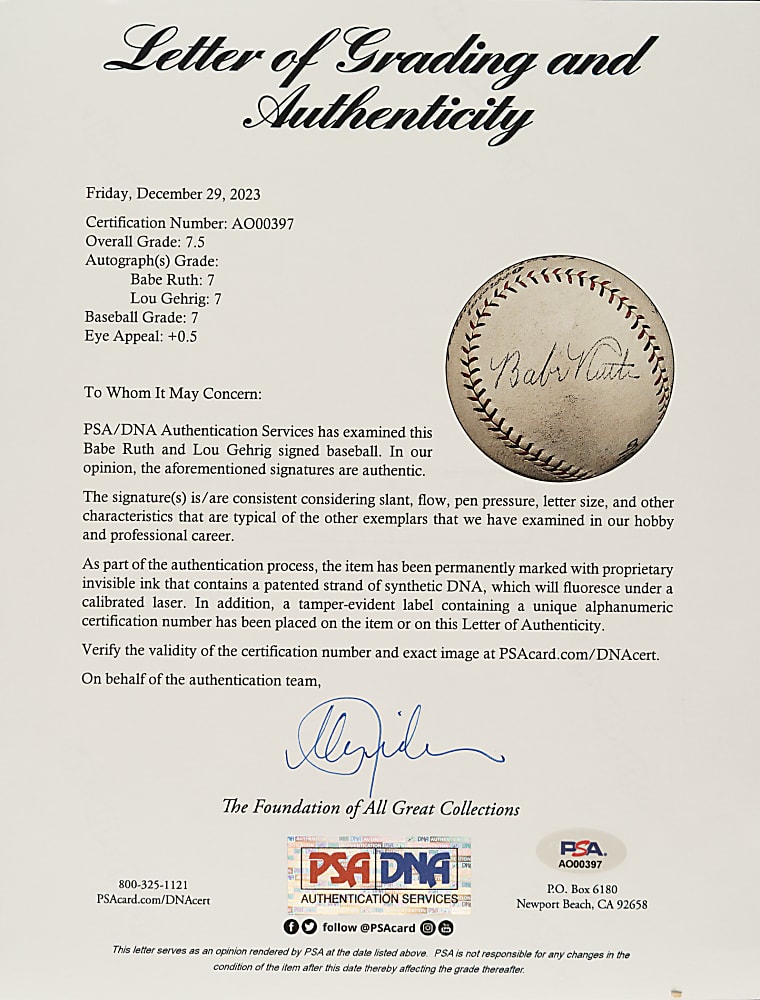 Extraordinary Babe Ruth and Lou Gehrig Dual-Signed Baseball PSA/DNA NM+ 7.5