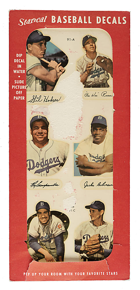 1952 Star-Cal Decals Type 2 Brooklyn Dodgers Six-Picture Promotional Panel with Roy Campanella, Gil Hodges, and Jackie Robinson