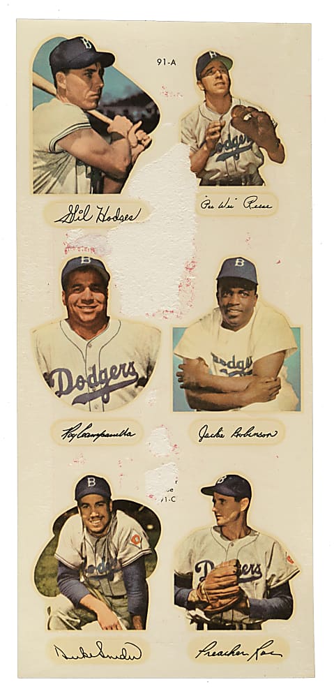 1952 Star-Cal Decals Type 2 Brooklyn Dodgers Six-Picture Promotional Panel with Roy Campanella, Gil Hodges, and Jackie Robinson