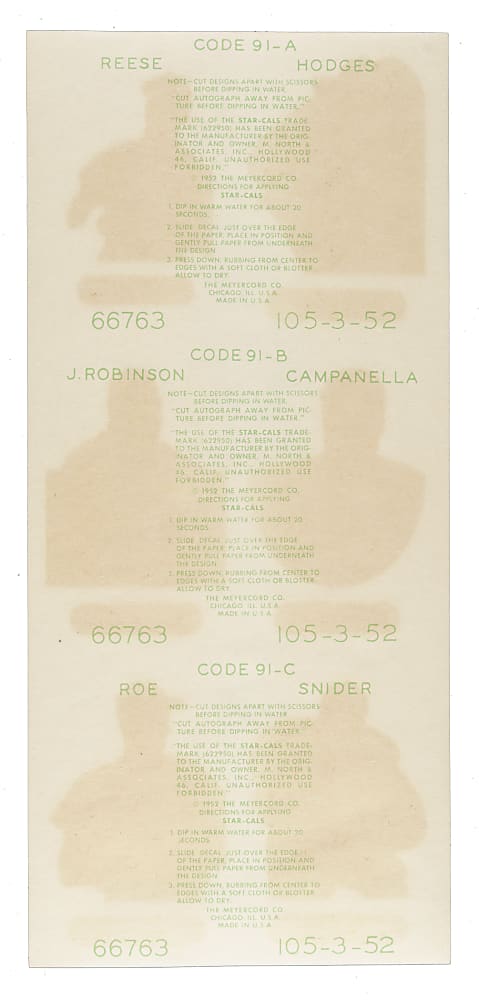 1952 Star-Cal Decals Type 2 Brooklyn Dodgers Six-Picture Promotional Panel with Roy Campanella, Gil Hodges, and Jackie Robinson