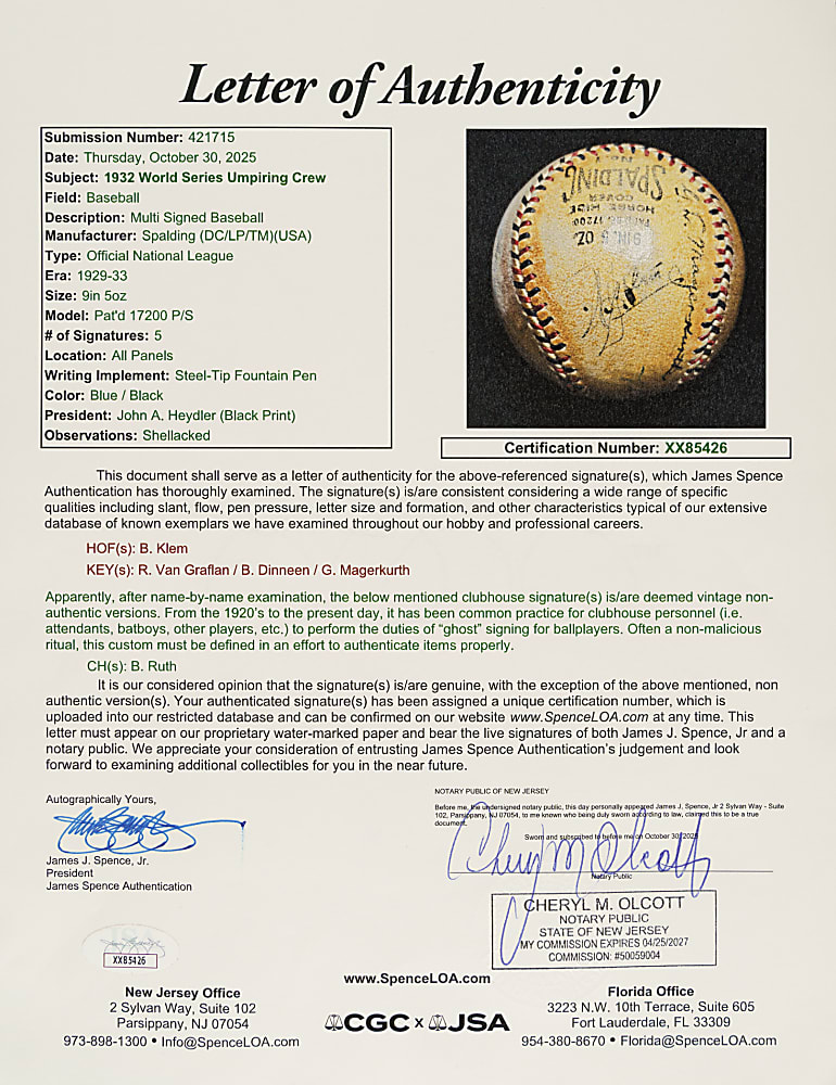 1932 World Series Umpires Signed Baseball Including Bill Klem - From the Series with Babe Ruth's Called Shot - JSA