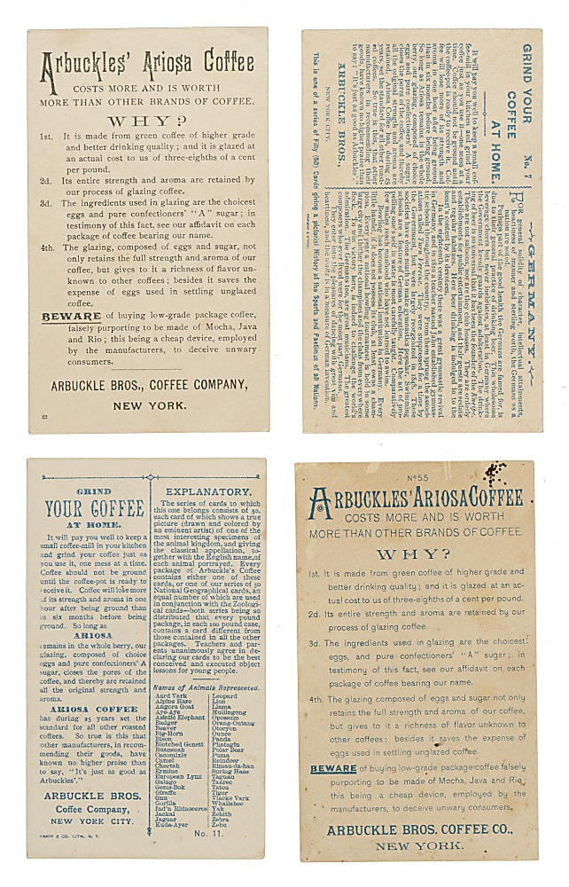 Nineteenth-Century "K" Arbuckle Coffee Trade Cards Complete and Near-Complete Set Collection (8 Sets, 449 Cards)