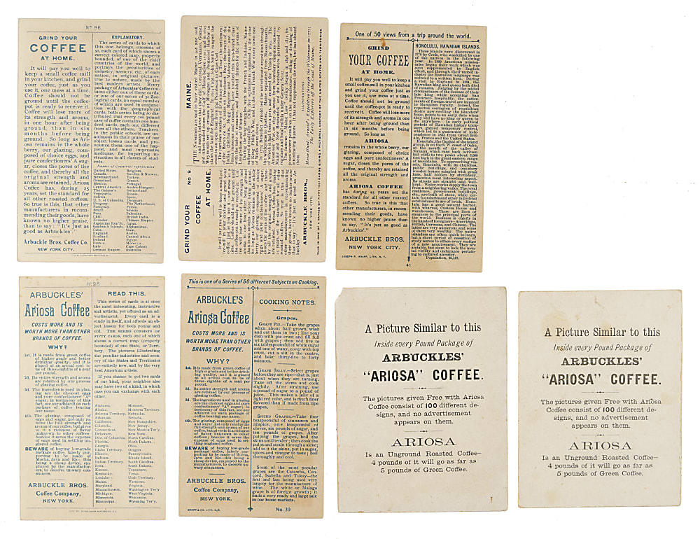 Nineteenth-Century "K" Arbuckle Coffee Trade Cards Complete and Near-Complete Set Collection (8 Sets, 449 Cards)