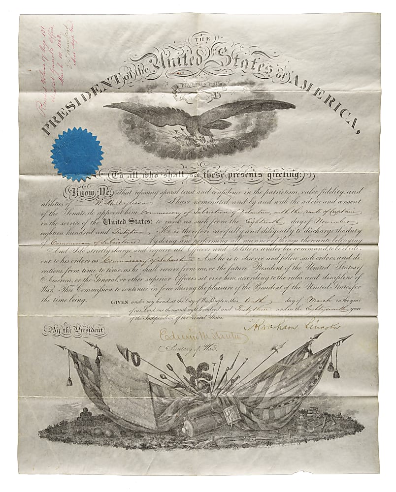 1863 Abraham Lincoln Signed Military Commission - JSA